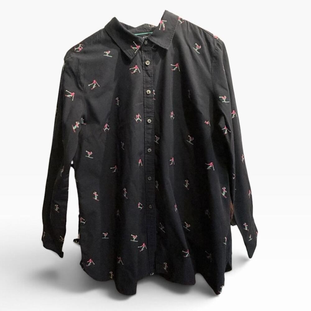 Talbots Embroidered Skier Button Up Shirt Sz M Navy Blue Pink Teacher Fun Preppy